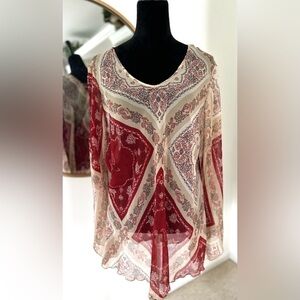 Nancy K Vintage Deep Red & Cream Sheer Boho Flare Sleeve Tunic Top XL